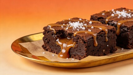 Salted Caramel Coffee Brownies on Gold Plate