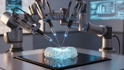 Robotic arms performing surgery on a translucent brain model with blue light robotic surgery medical robot