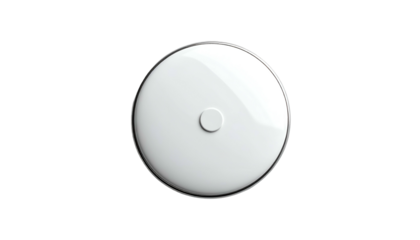 A glossy white circular object with a small central button on a stark black background