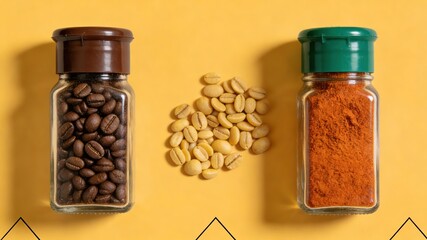 Roasted and Green Coffee Beans with Ground Coffee in Glass Jars