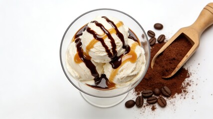Coffee-Flavored Ice Cream Sundae with Chocolate and Caramel Sauce