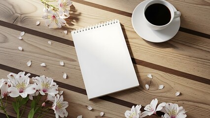 Cozy morning setup with coffee and flowers on wooden table