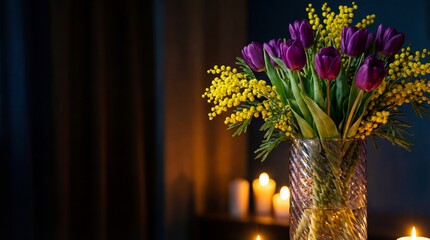 Vibrant bouquet of purple tulips, yellow mimosa, glass vase