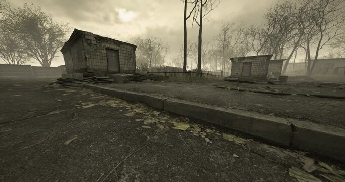 A gloomy atmosphere envelops a forsaken area marked by dilapidated buildings. Leafless trees stand tall while the ground is strewn with debris, creating an eerie silence.