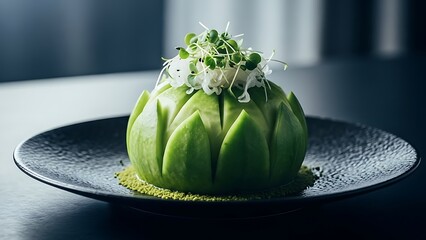 Delicious green vegetable dish on a black plate