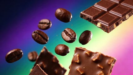 Floating Coffee Beans and Chocolate Bars on Rainbow Background