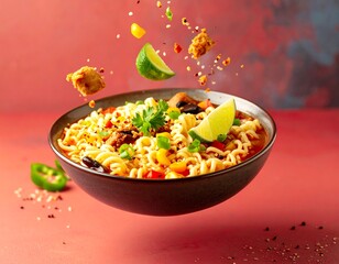 Delicious spicy ramen noodles with lime and fried chicken