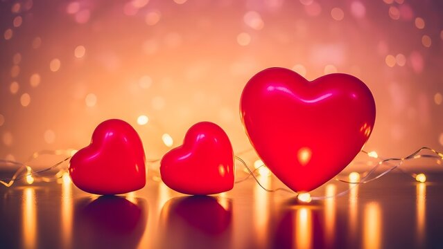 Three red hearts of varying sizes arranged with string lights love romance