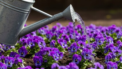Watering can pouring water on a vibrant field of purple pansy flowers in a garden.