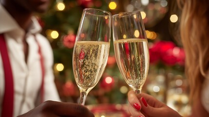 Diverse couple clinking champagne flutes against festive Christmas background bokeh, concept for New Year celebration, luxury beverage advertising and romantic holiday promotions
