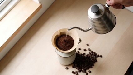 Pour Over Coffee Preparation with Freshly Ground Coffee