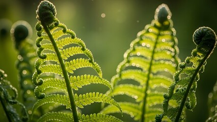 Close-up of vibrant green fern fronds unfurling in the soft morning sunlight, showcasing delicate patterns and lush growth