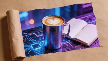 Futuristic Latte with Heart Art on Tech Circuit Background