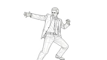 Fototapeta premium Energetic businessman vector line art in dynamic action pose demonstrating determination and