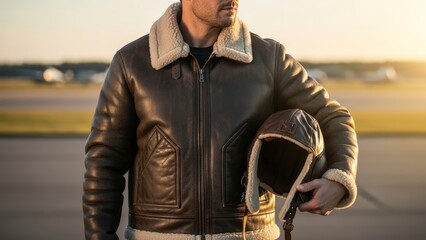 Pilot in Vintage Leather Jacket Holding Aviator Hat on Airport Tarmac at Sunset.