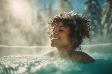 Joyful young woman relaxing in steaming outdoor hot tub in winter environment with snowy surroundings and bright sunlight, concept for luxury travel, spa retreats and winter wellness marketing