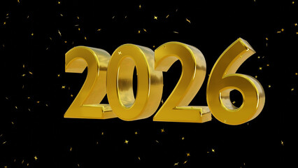 3D Golden 2026 New Year Text with Falling Star Particles on Black Background۔
High quality 3D render of the year 2026 in metallic gold۔