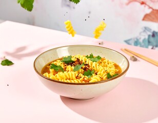 Vibrant fusilli pasta dish with fresh herbs and chili flakes