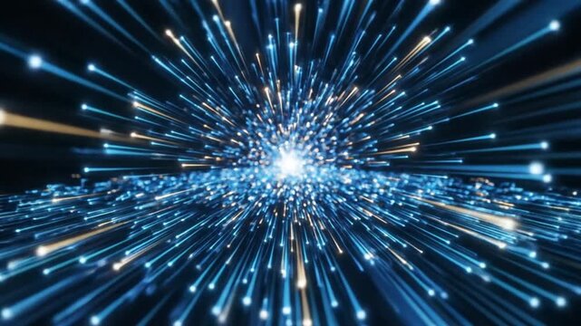 Vibrant blue and gold light streaks radiate from a central point against a dark background with a cinematic effect.