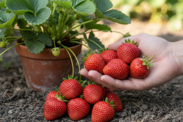 Hand holding freshly picked ripe strawberries from a potted strawberry plant in the garden, close-up of organic red berries on soil, home gardening, natural harvest, healthy summer fruit concept.