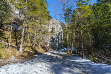 Icy path at Dolina Koscieliska valley in snow at beautiful Polish west Tatry mountains in winter