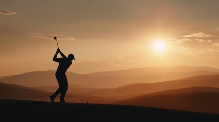 A golfer in silhouette swings a club during sunset,