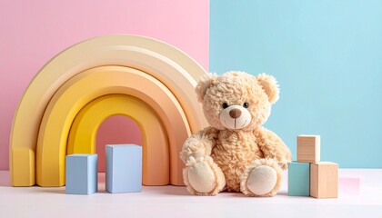 Plush teddy bear, pastel rainbow arch, soft childhood atmosphere, playful nursery decor, gentle comfort.