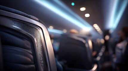 Obraz premium Close medium shot of plush cabin details emphasizing advanced acoustics with passengers softly out of focus.