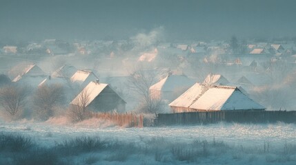 dreamy snow-covered rooftops in a snowy field,