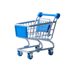 A 3D rendered, blue and silver shopping cart isolated on a black background
