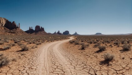 Vast Arid Desert Landscape with Winding Dirt Road and Distant Rock Formations Under Clear Sky.