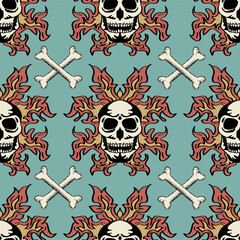Seamless pattern with skulls and fire flames. Vintage style. Vector illustration.