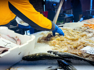 Seafood market scene with vendor handling fresh fish and crustaceans on ice