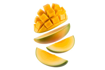 Falling juicy mango slices on transparent background 
