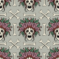 Seamless pattern with skulls and pink rose flowers. Vector illustration.