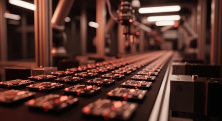 Conveyed drone microcontrollers under infrared lights during firmware flashing highlighting an efficient production line in a microelectronics plant.