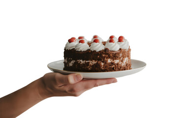 A person hand holding a chocolate with white cream, chocolate cake 