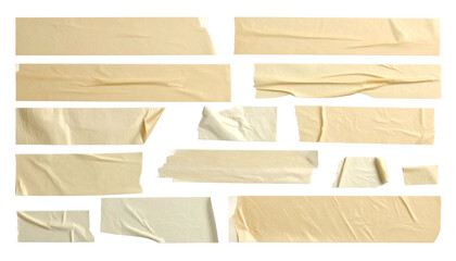 Scattered strips of tan, torn adhesive tape on black background. Edges show details