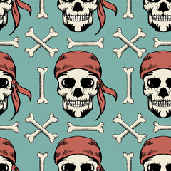 Seamless pattern with human skull in red bandana and bones. Vintage style.