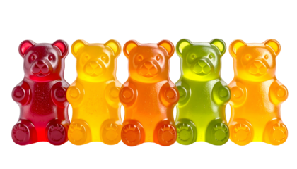 Close-up of five colorful, translucent, gummy bears in a row against a black backdrop