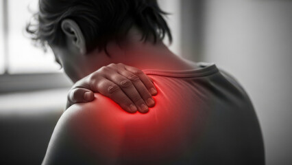 Shoulder Pain Relief: Person holding painful aching shoulder with red glowing inflammation area for healthcare and medical concepts