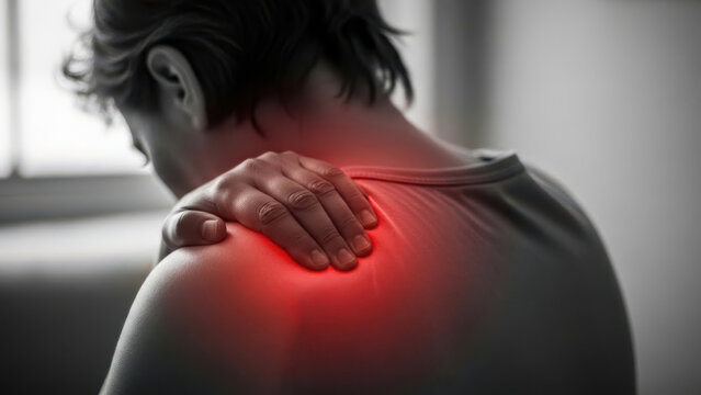 Shoulder Pain Relief: Person holding painful aching shoulder with red glowing inflammation area for healthcare and medical concepts
