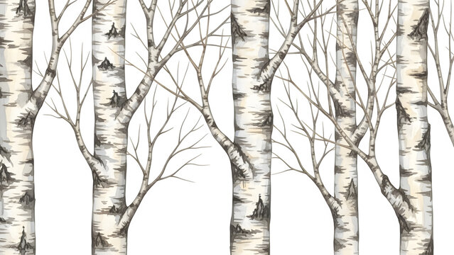 Elegant birch trees pattern with stark black and white contrast isolated on transparent background