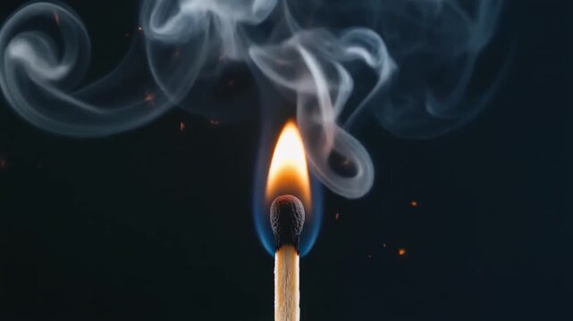 Closeup of a single burning match with bright flame and curling smoke against a dark background.