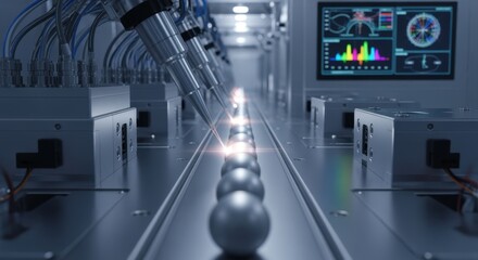 Automated pellet encapsulation line applying precise coatings to fuel spheres emphasizing advanced material layering in fusion target production.