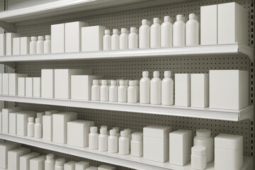 Blank white packaging bottles and boxes displayed on retail store shelves against a pegboard wall background in a minimal product mockup concept. Ai generative