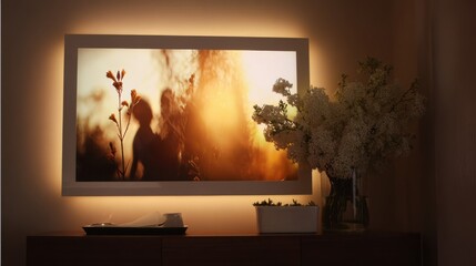 Medium shot of a sleek LEDlit display frame showcasing soft ambient lighting that enhances the artwork with a warm inviting glow.