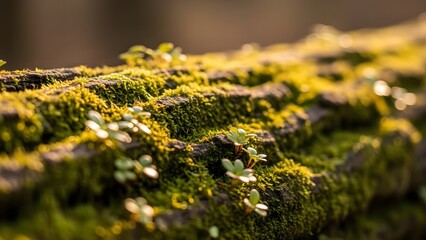 Close-up shot of moss and small plants growing on a textured surface in soft, diffused light, highlighting natural growth and subtle beauty