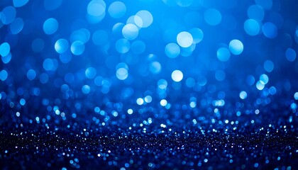 A captivating close-up showcases vibrant blue glitter, sparkling softly, with blurred bokeh lights creating a magical and festive atmosphere