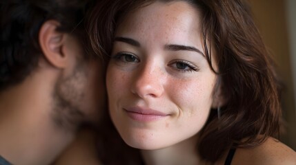 A close up portrait of a woman with freckles smiling gently as a man whispers in her ear conveying int y and connection